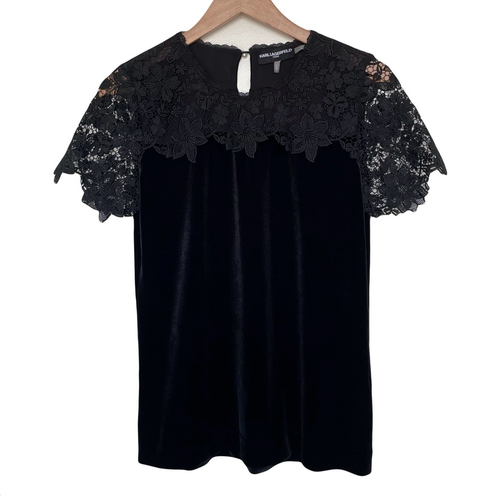 Karl Lagerfeld Black Velvet Lace Short Sleeve Top - Picture 4 of 8